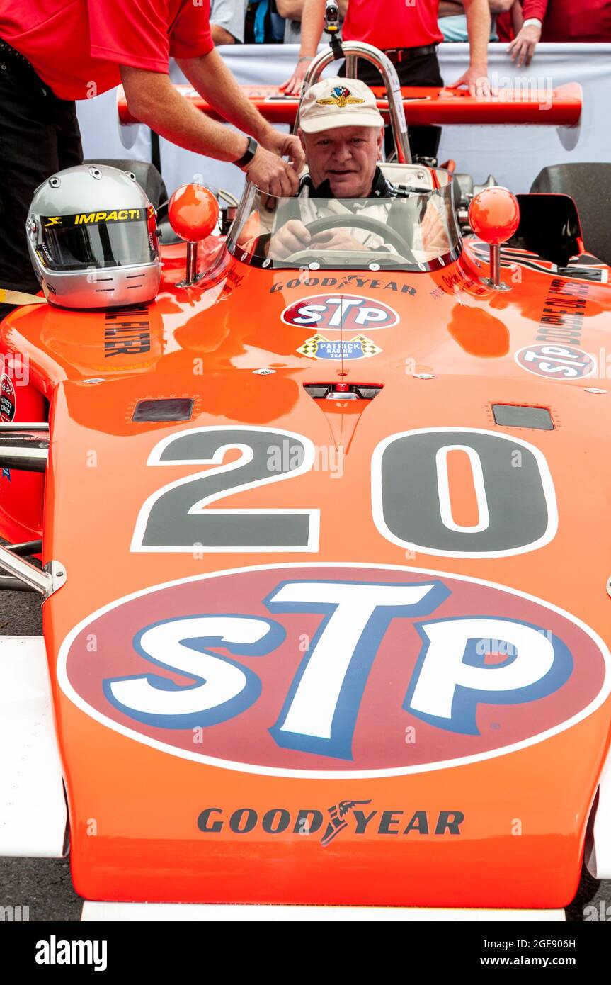 Eagle 7200 Offenhauser STP Indy 500 racing car at the Goodwood Festival of Speed motor racing event 2014. Richard Hamlin preparing to drive Stock Photo