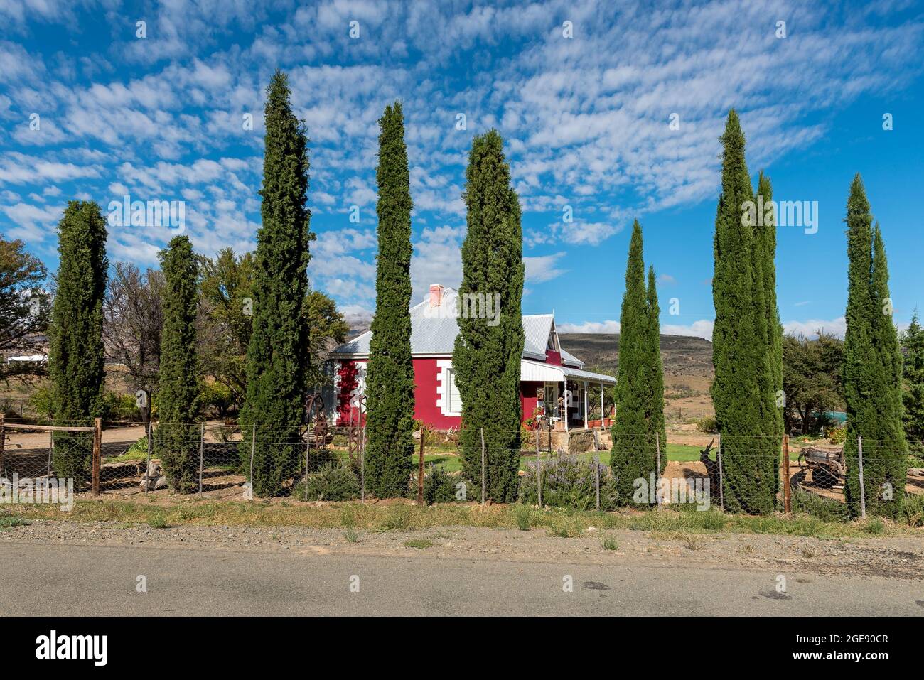 KLAARSTROOM, SOUTH AFRICA - APRIL 5, 2021: A street scene, with a house and conifers, in Klaarstroom in the Western Cape Karoo Stock Photo