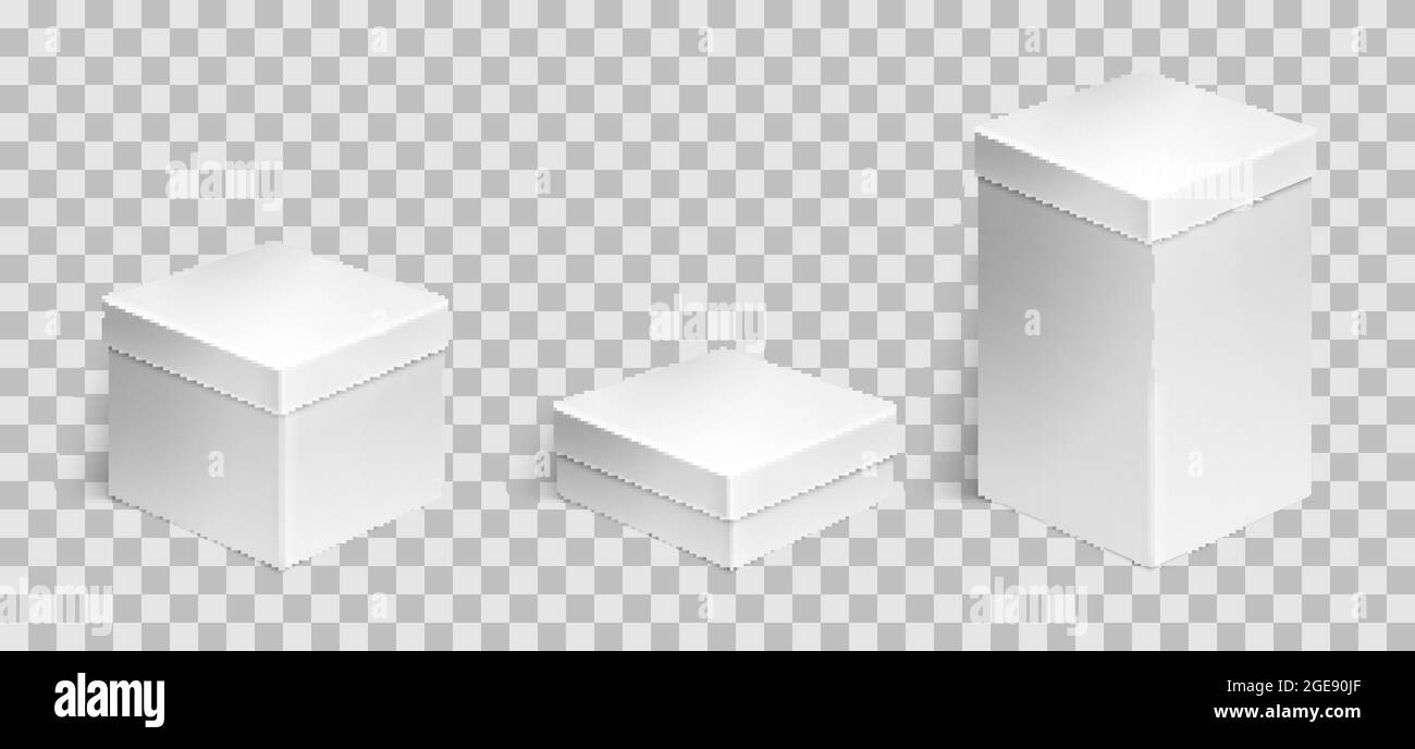 Set of 3 realistic cardboard boxes over transparent background. Set of cosmetic or medical packaging. For Software, electronic device and other products or gifts. Design template. Vector illustration. Stock Vector