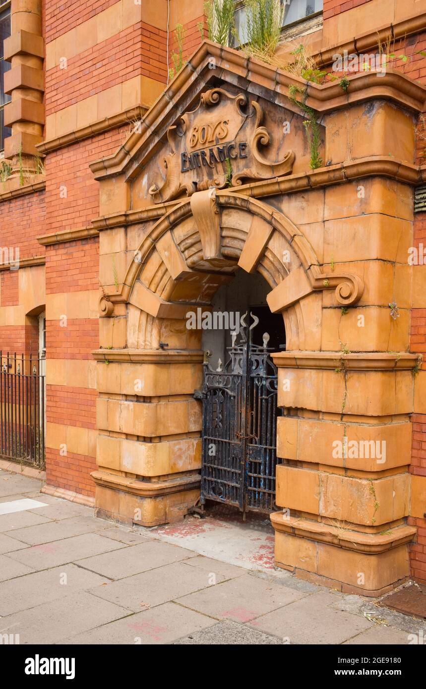 Boys entrance to former school in Conway Street, Birkenhead, Merseyside Stock Photo