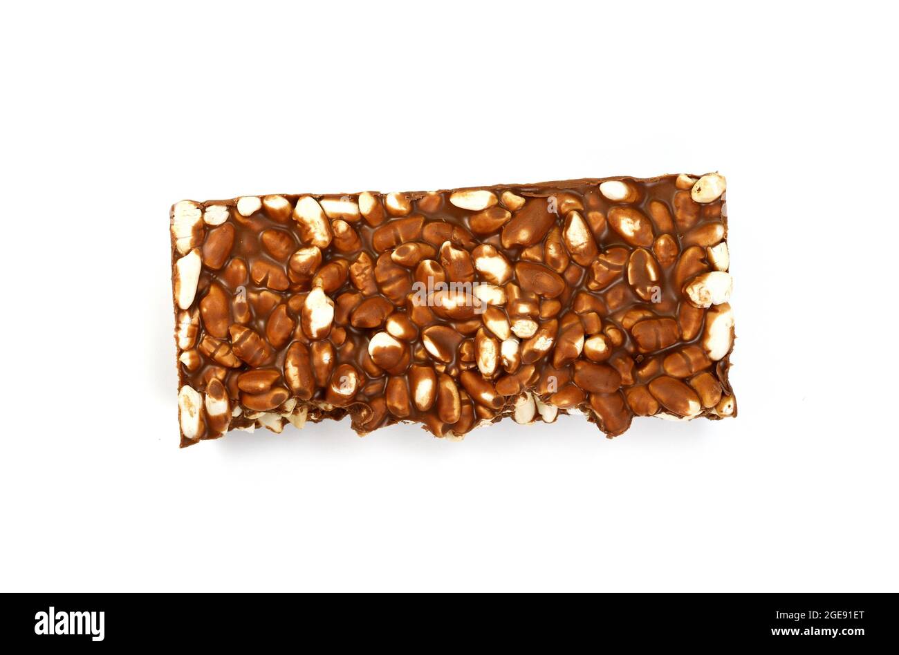 Chunks of milk chocolate with puffed rice isolated on white background