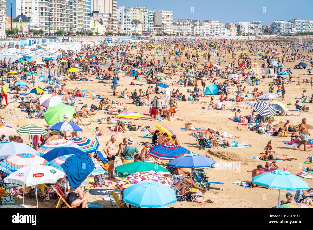 12 August 2021 , Les Sables d’Olonne France : View of La Grande Plage beach of Les Sables d’Olonne crowded with people during summer 2021 on France At Stock Photo