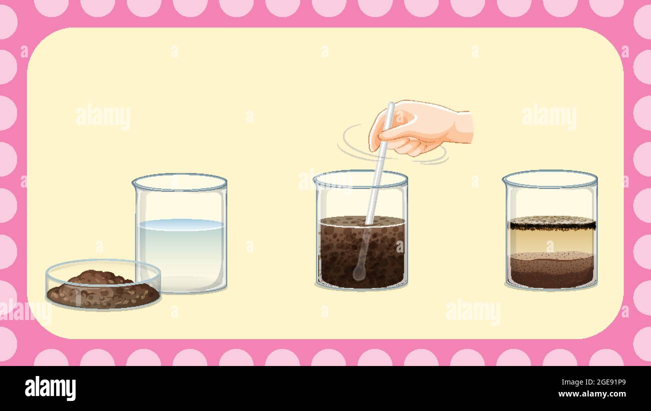Dissolving science experiment with soil in water illustration Stock