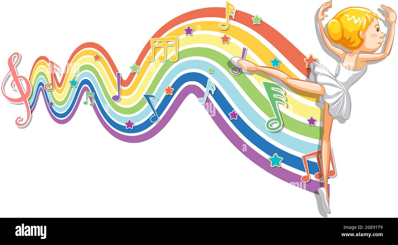 Ballerina with melody symbols on rainbow wave illustration Stock Vector ...