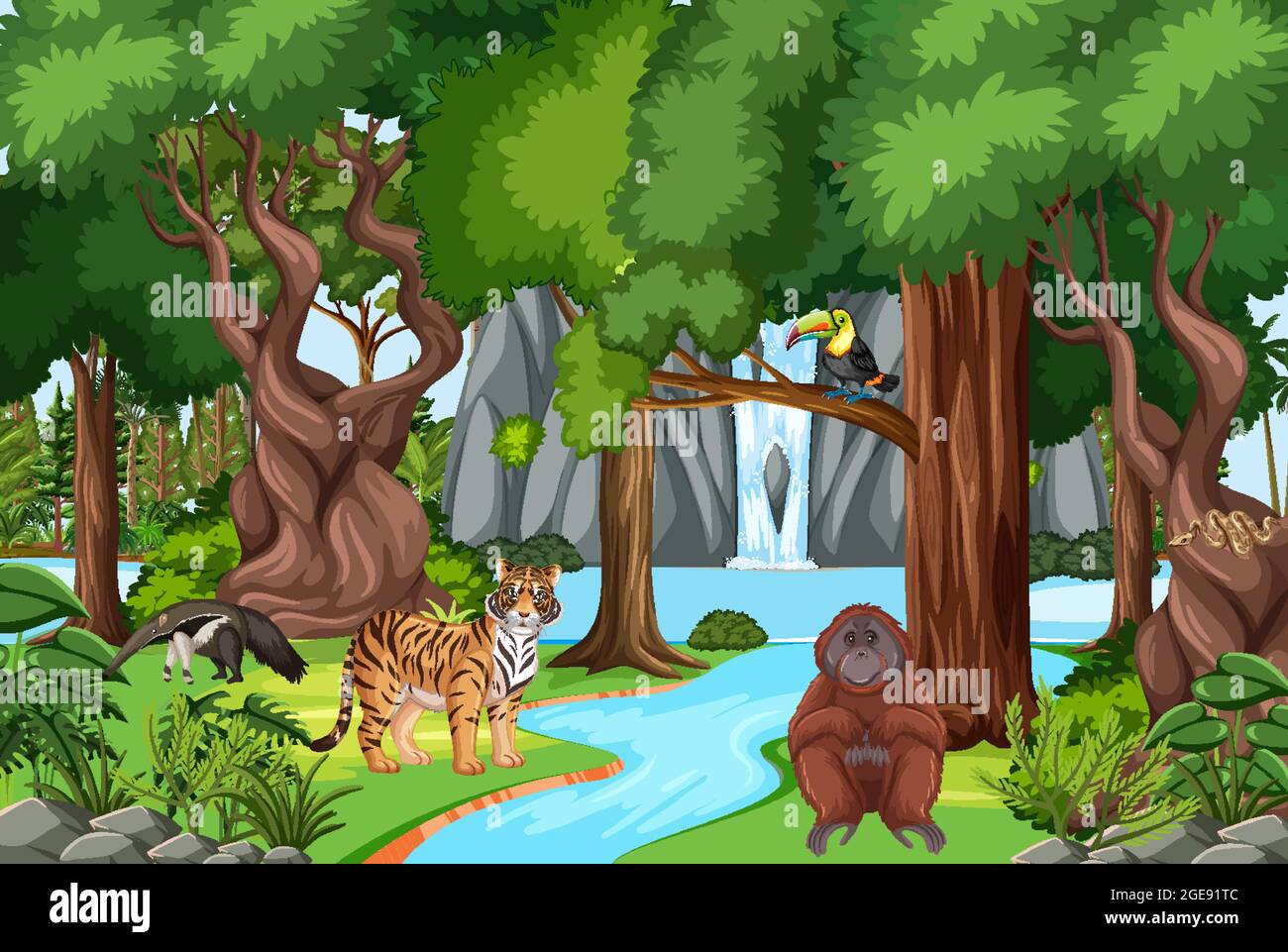 Nature scene with stream flowing through the forest with wild animals  illustration Stock Vector Image & Art - Alamy
