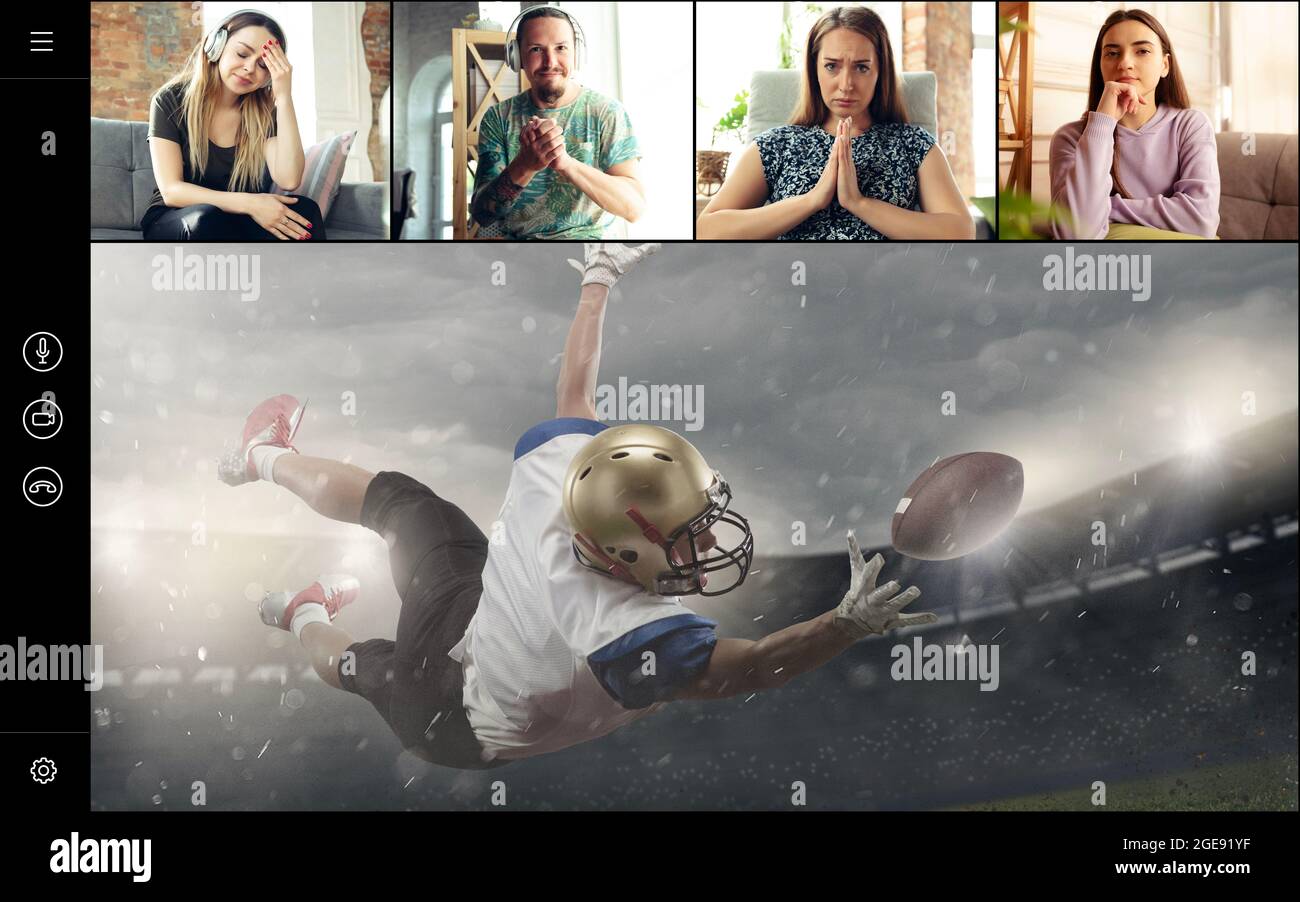 Four young people watching american football online, using video app