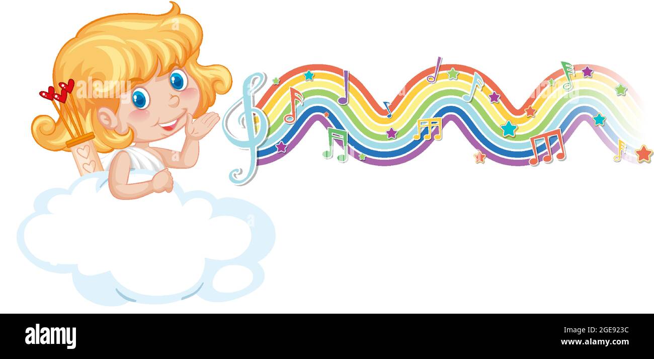 Cupid girl with melody symbols on rainbow wave illustration Stock ...
