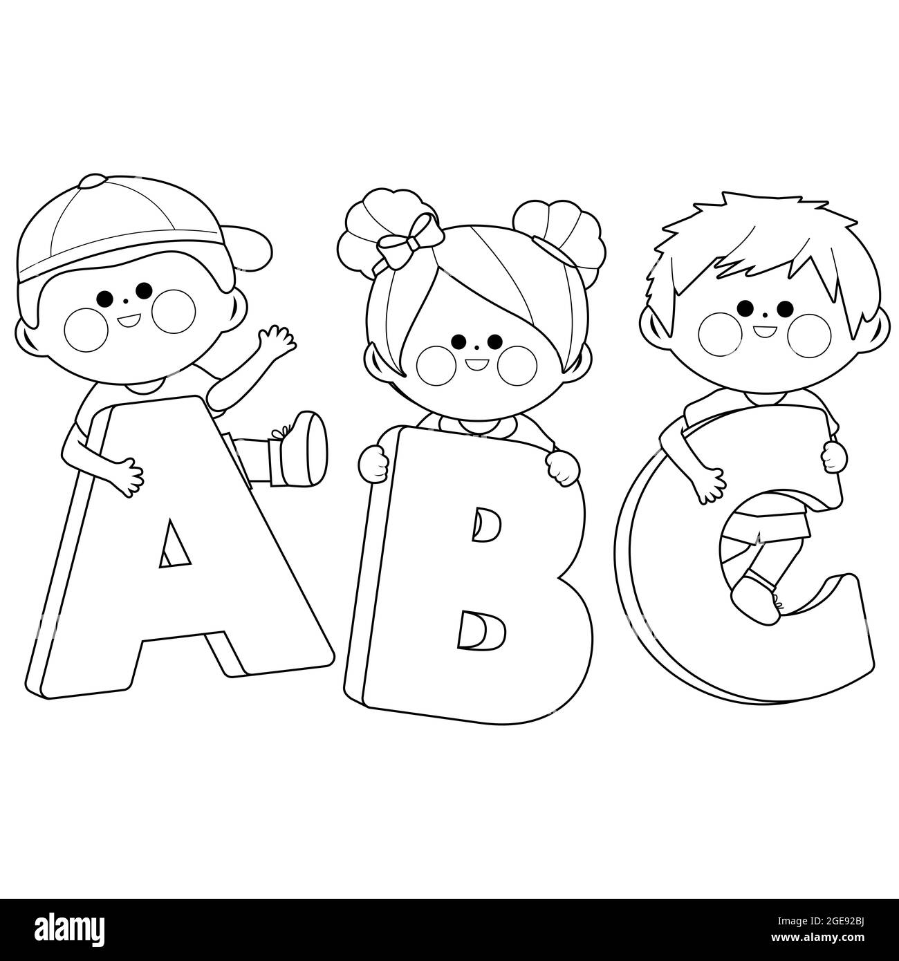 Boys and girls holding letters ABC. Black and white coloring page Stock Photo