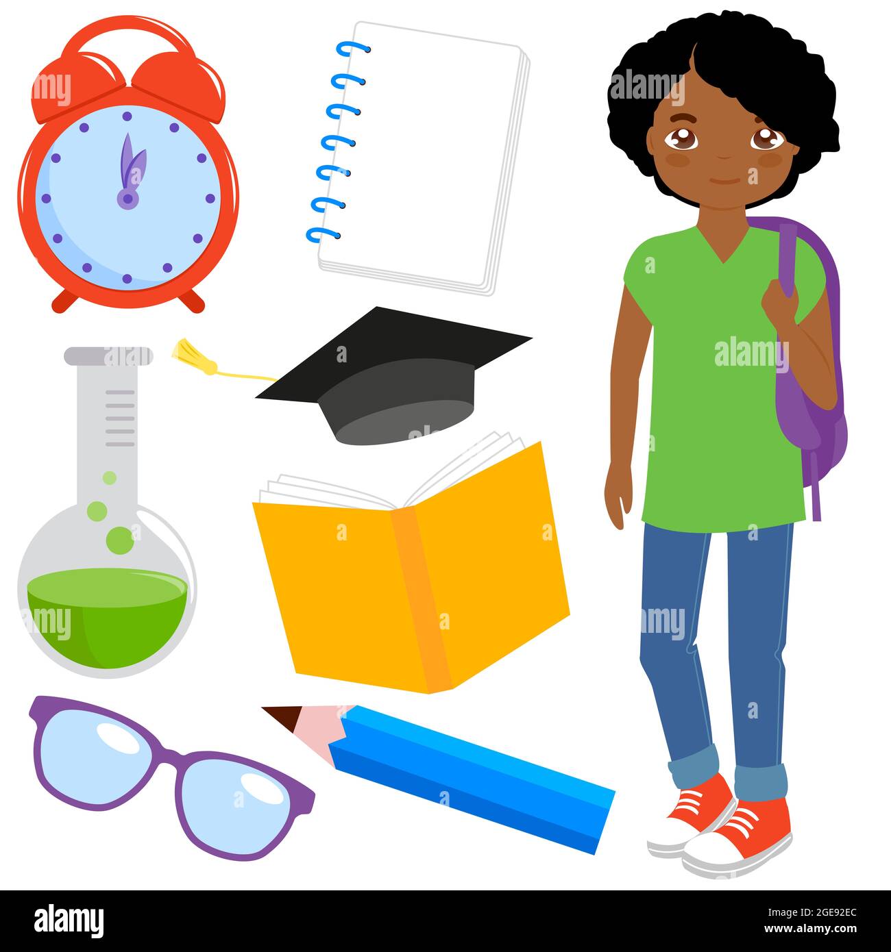 Student boy and set of school objects. Illustration collection. Stock Photo