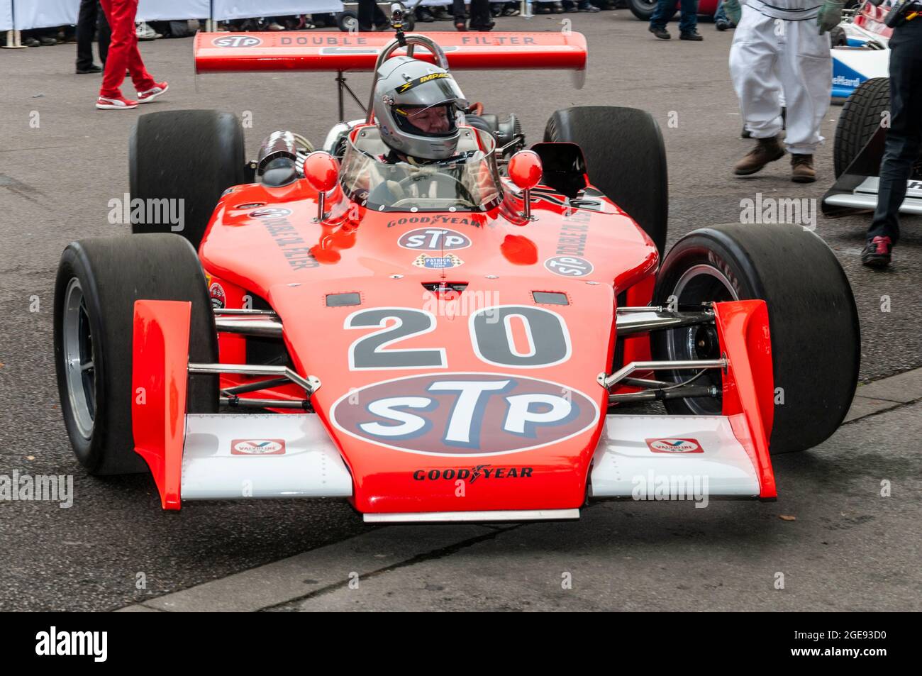 Eagle 7200 Offenhauser STP Indy 500 at the Goodwood Festival of Speed motor racing event 2014. Driving out from paddock Stock Photo