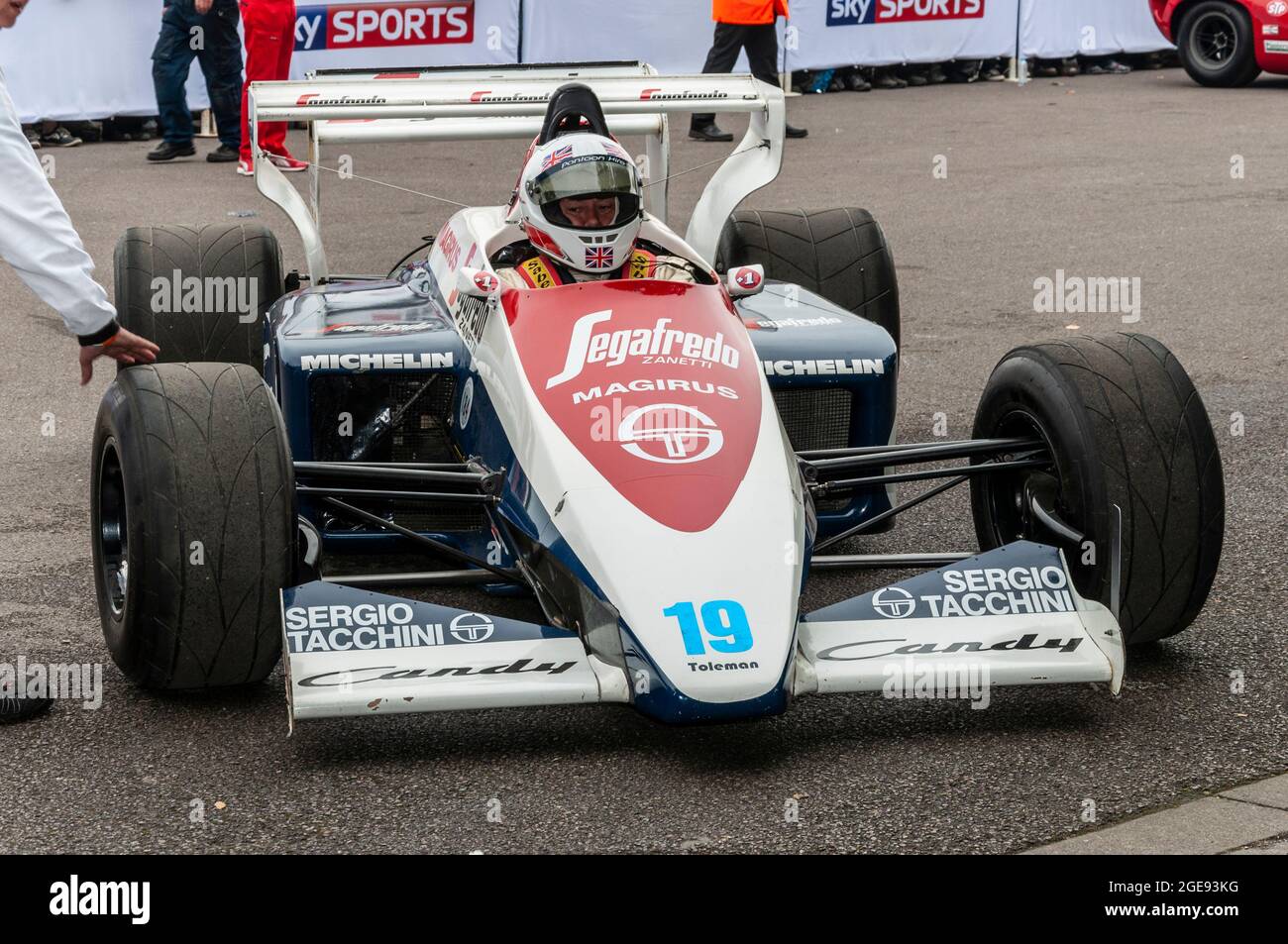 Toleman TG184 at the Goodwood Festival of Speed motor racing event 2014. 1980s Formula 1, Grand Prix racing car Stock Photo