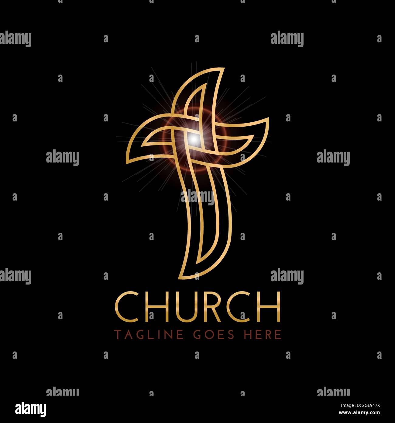 Gold Christian Church Logo Design with Cross on Black Background Stock Vector