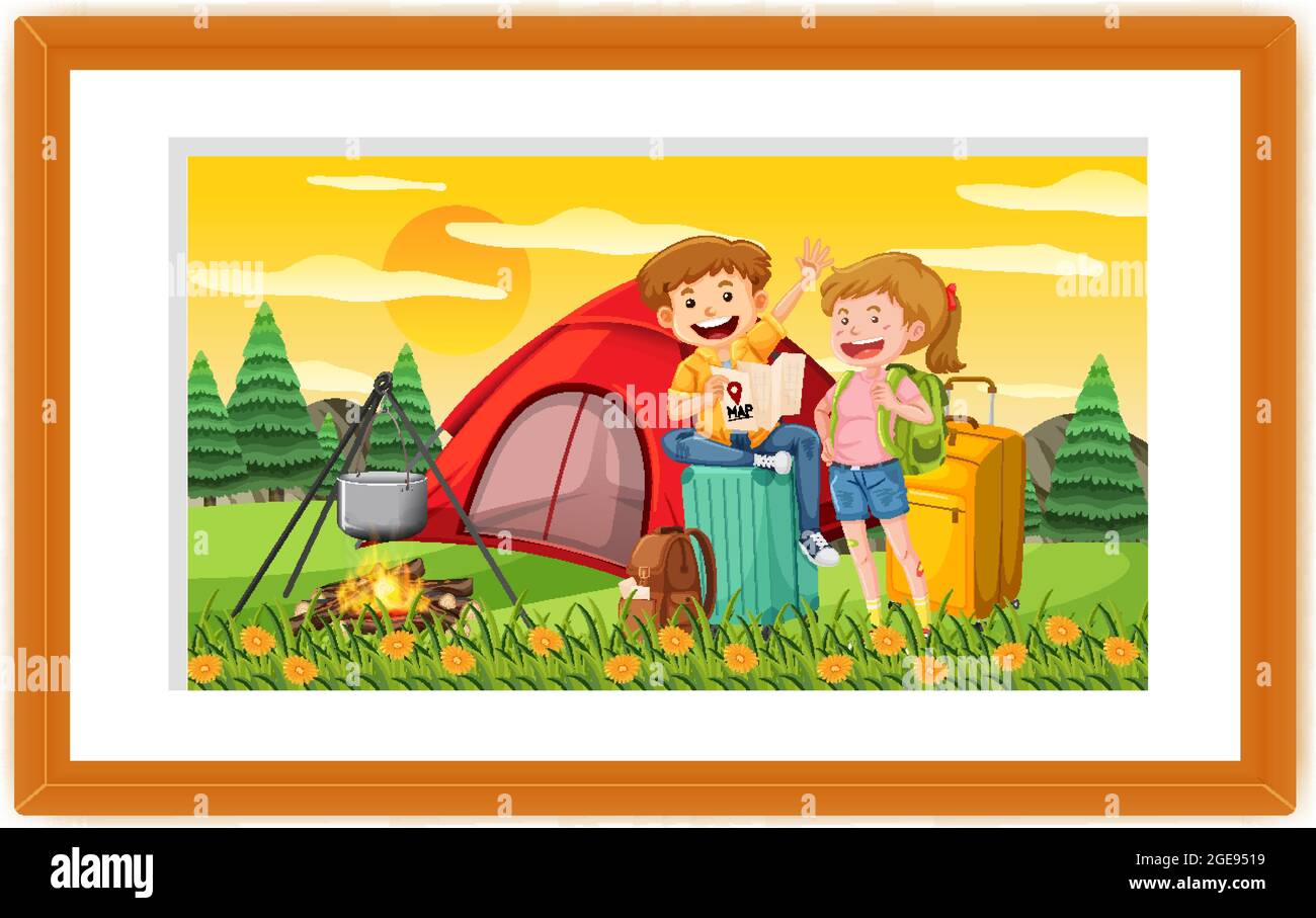 A picture of boy and girl camping outdoor scene illustration Stock ...