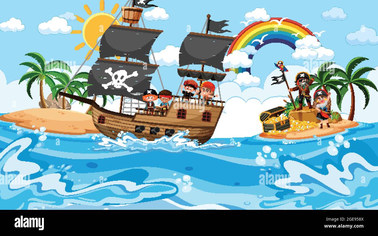 Treasure Island scene at daytime with Pirate kids on the ship ...