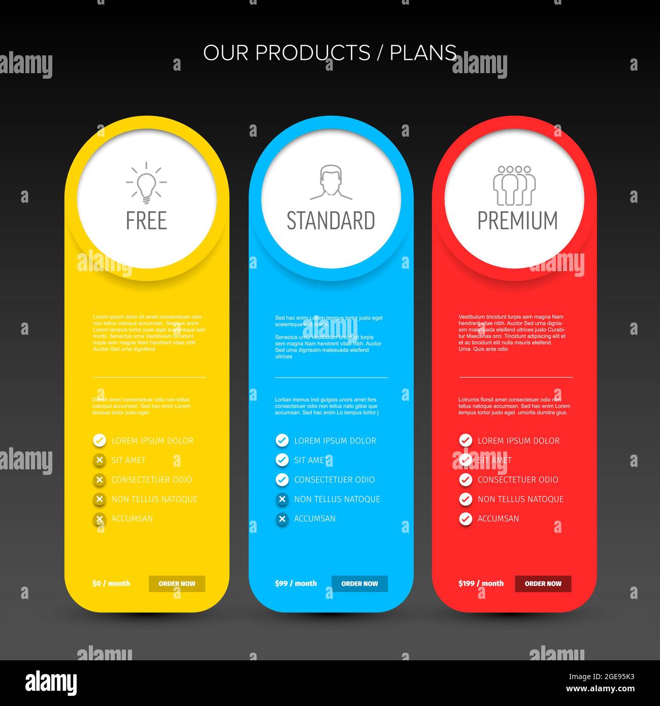 Pricing table dark template with three options product