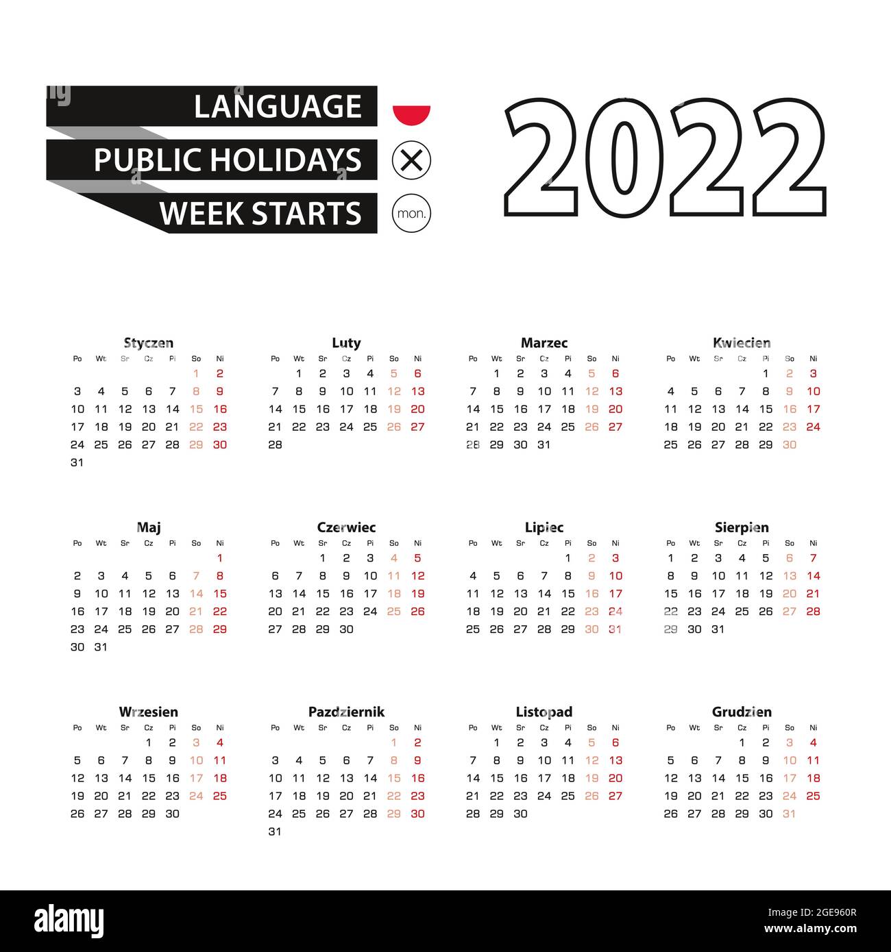 Calendar 2022 in Polish language, week starts on Monday. Vector