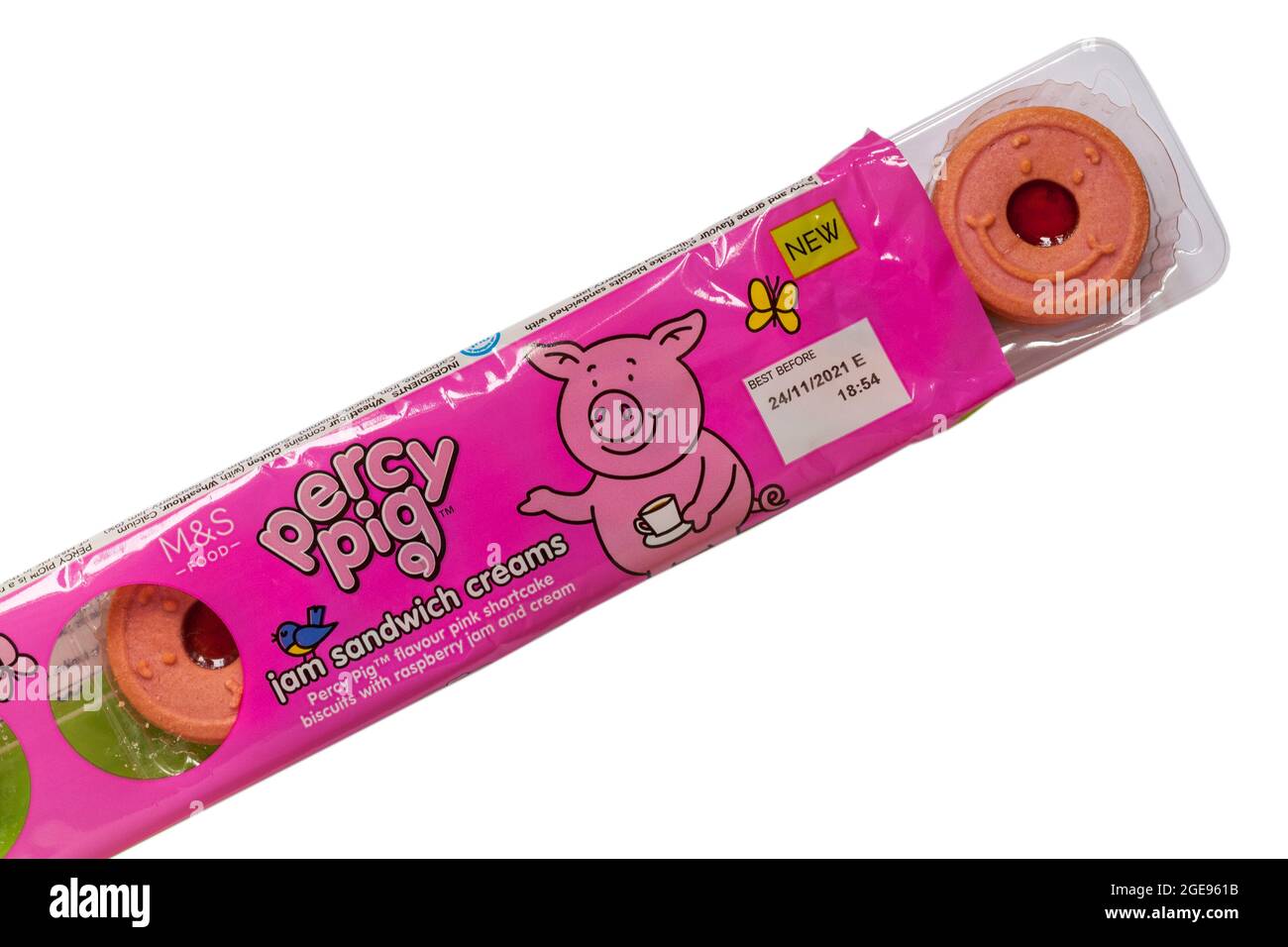 Packet of Percy Pig jam sandwich creams biscuits from M&S opened to