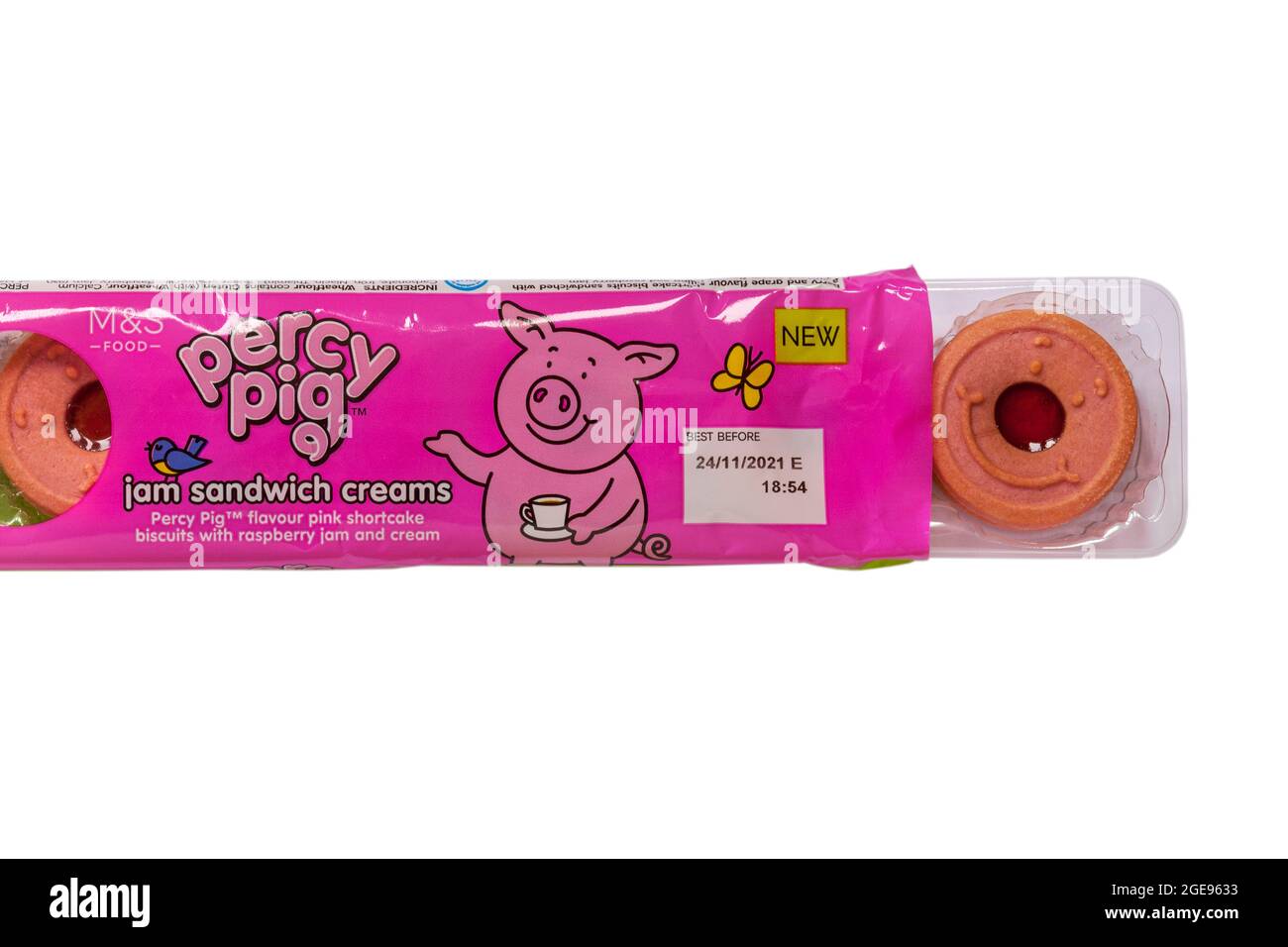 Packet of Percy Pig jam sandwich creams biscuits from M&S opened to