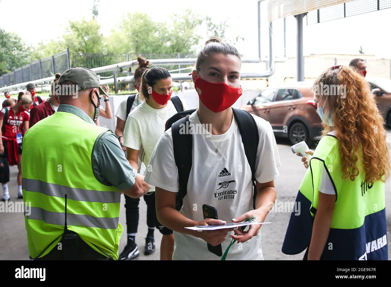 Moscow, Russia, 18/08/2021, Moscow, Russia. 18th Aug, 2021. Steph Catley (Arsenal) at arrival of the bus prior to the UEFA Womens Champions League Round 1 football match between Arsenal and FC Okzheptes at Sapsan Arena in Moscow, Russia. Credit: SPP Sport Press Photo. /Alamy Live News Stock Photo