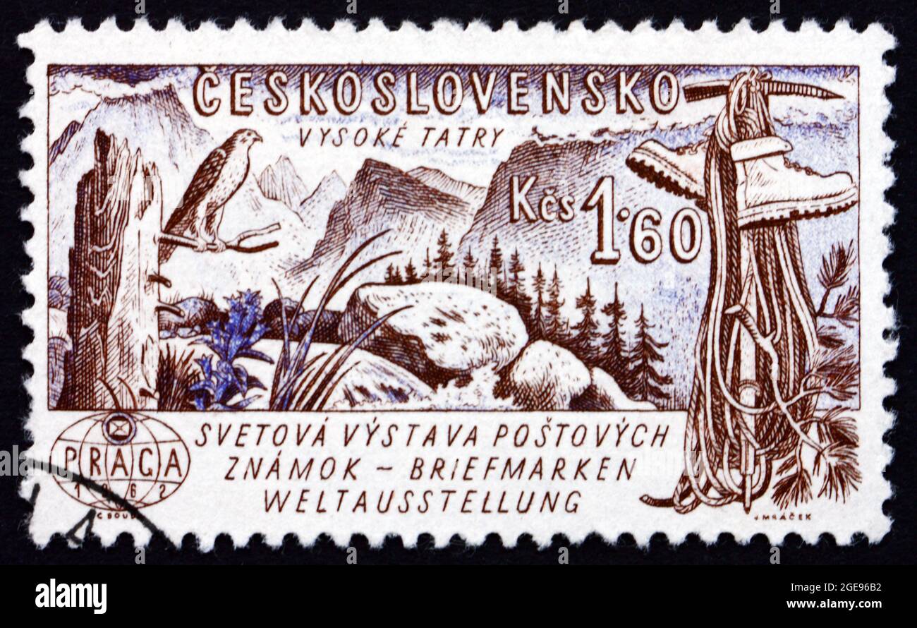 CZECHOSLOVAKIA - CIRCA 1961: a stamp printed in the Czechoslovakia shows  Tatra Mountains, Boots, Ice Pick and Rope, circa 1961 Stock Photo - Alamy