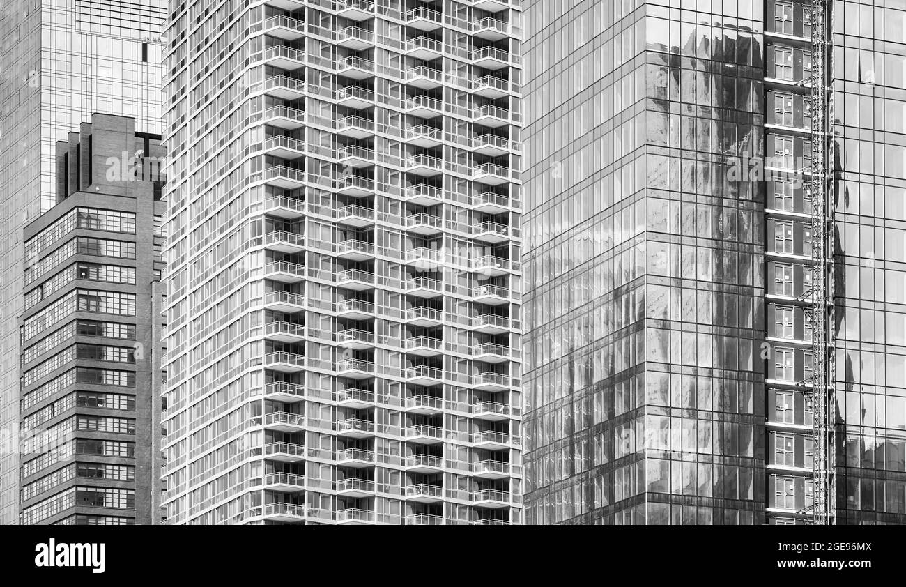 Black and white picture of New York City modern architecture, USA. Stock Photo