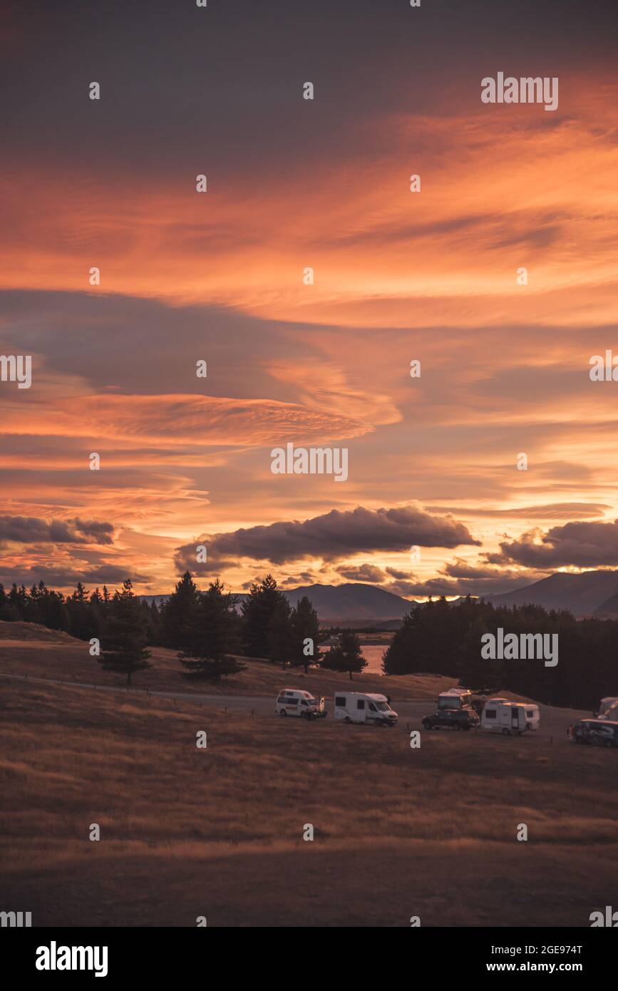 Amazing sunset at Pukaki lake in New Zealand south island Stock Photo ...