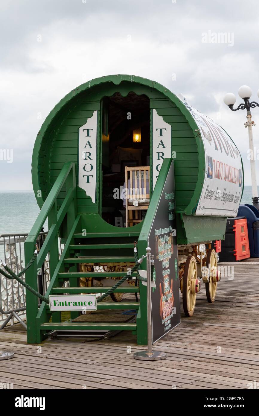 08-17-2021 Brighton, East Sussex, UK A Tarot readers old style Gypsy caravan Stock Photo