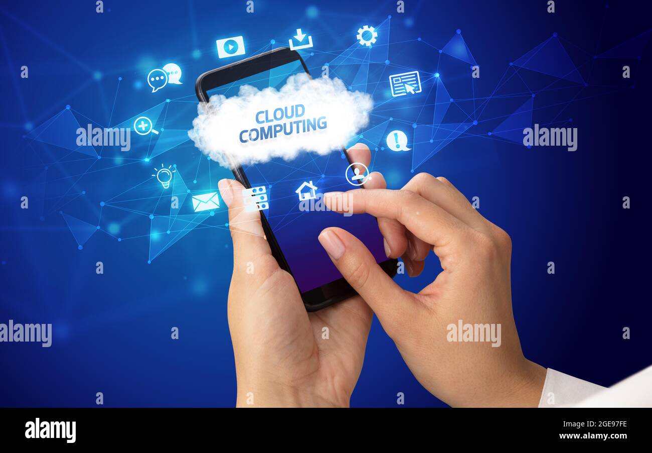 Hand using smartphone with cloud technology concept Stock Photo - Alamy