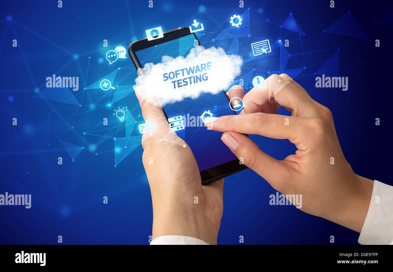 Hand using smartphone with cloud technology concept Stock Photo - Alamy