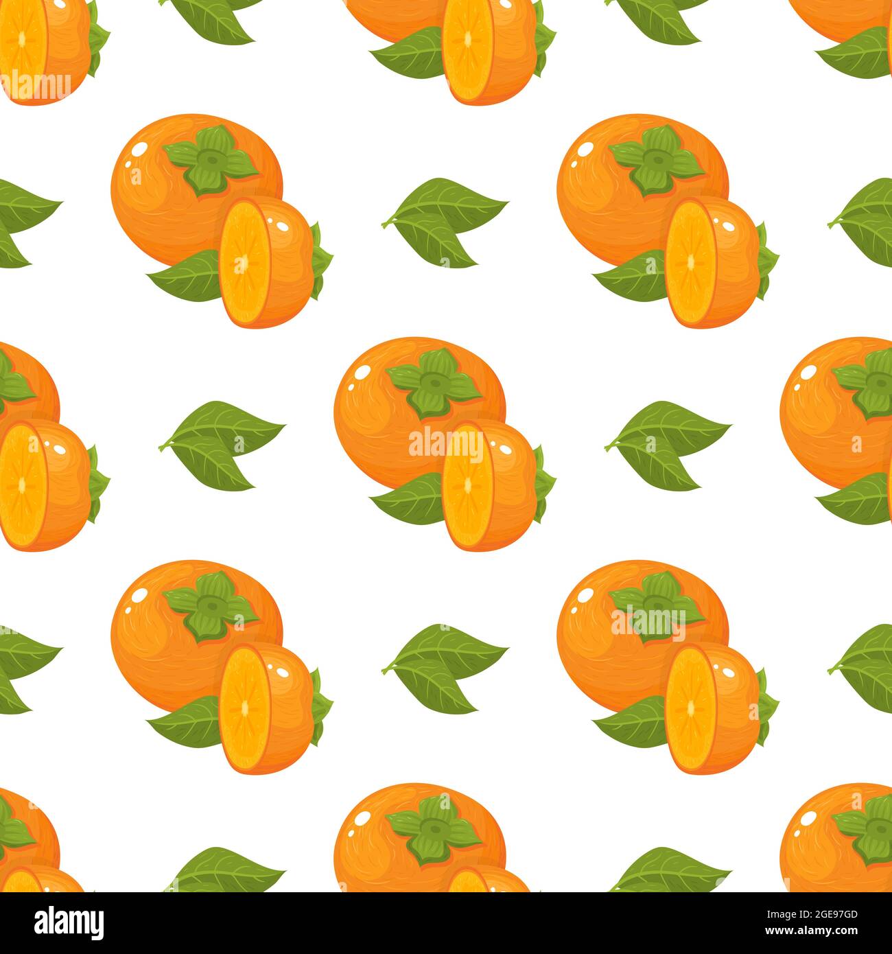 Seamless pattern with fresh bright persimmon fruit and leaves isolated ...