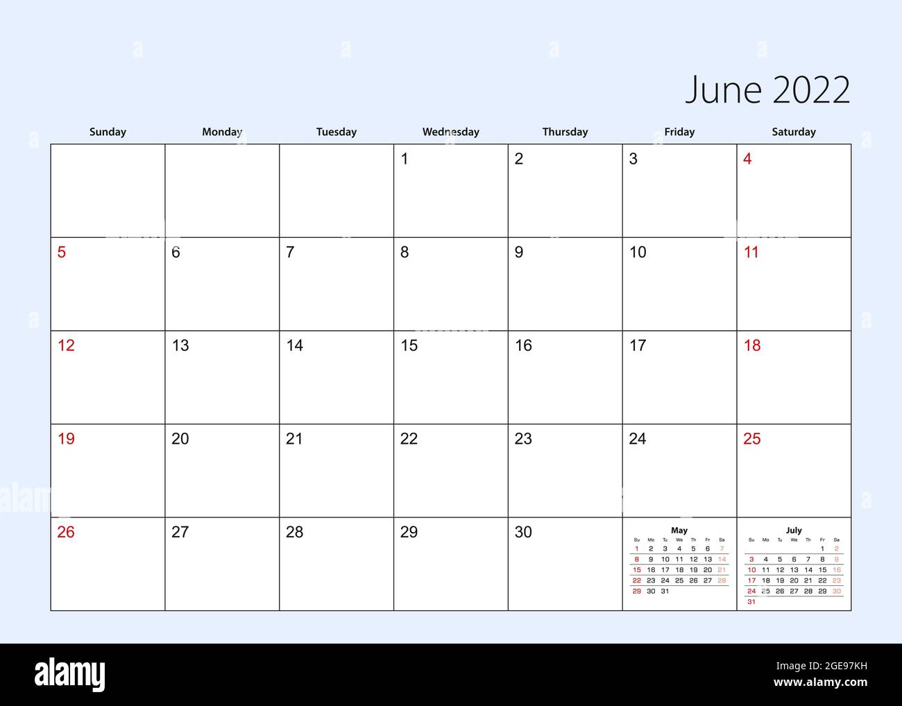 wall calendar planner for june 2022 english language week starts from sunday vector template stock vector image art alamy