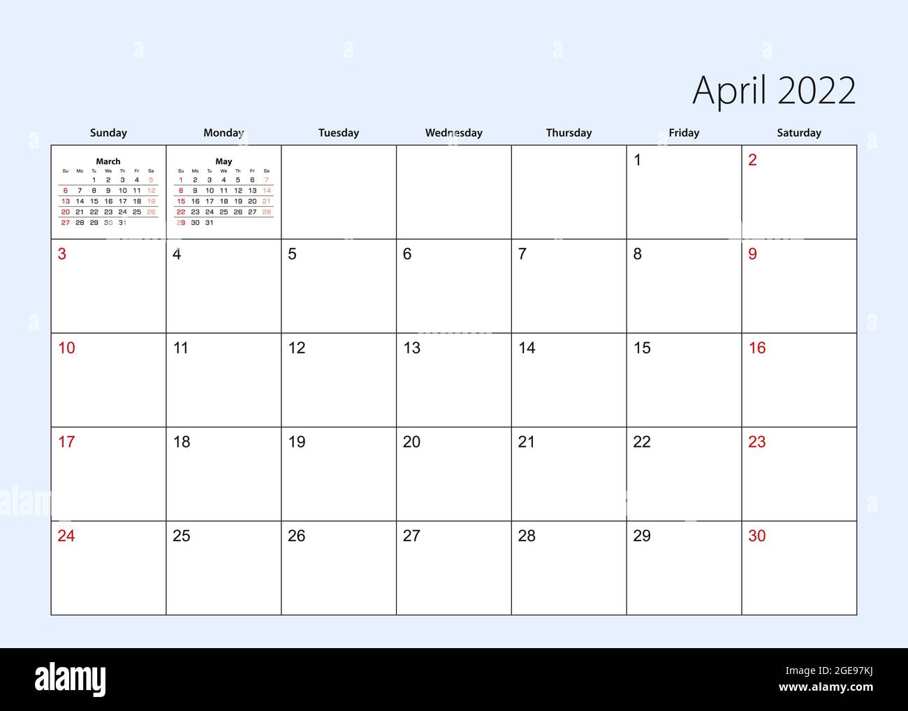 Wall Calendar Planner For April 2022. English Language, Week Starts From  Sunday. Vector Template Stock Vector Image & Art - Alamy