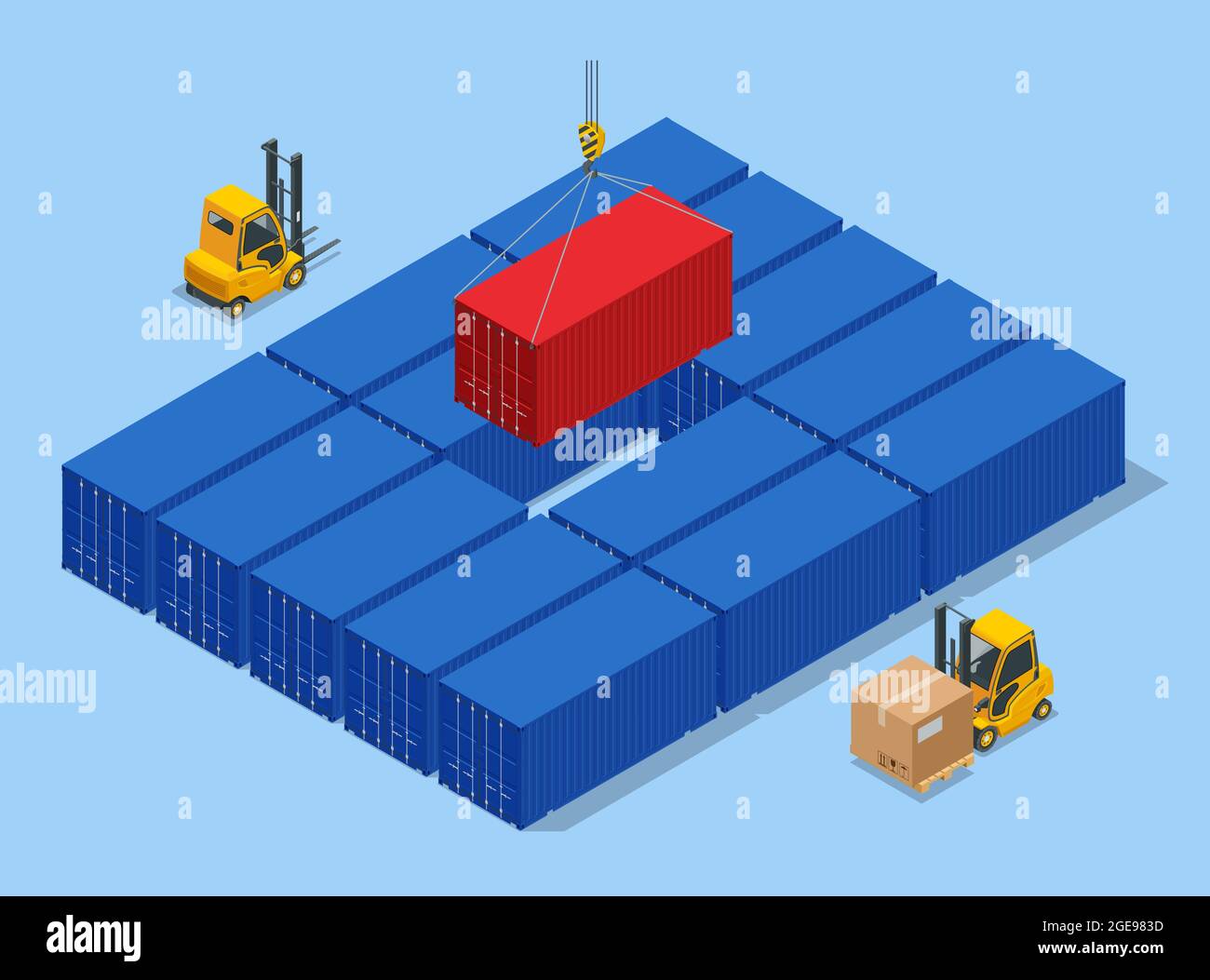 Isometric Automated Transport Vehicles Container Loading Cargo. Container Ship Loading and Unloading in Sea Port. Business Logistic Import and Export Stock Vector