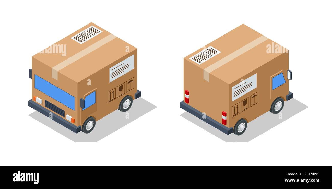 Isometric small cargo delivery van. Van with delivery packages