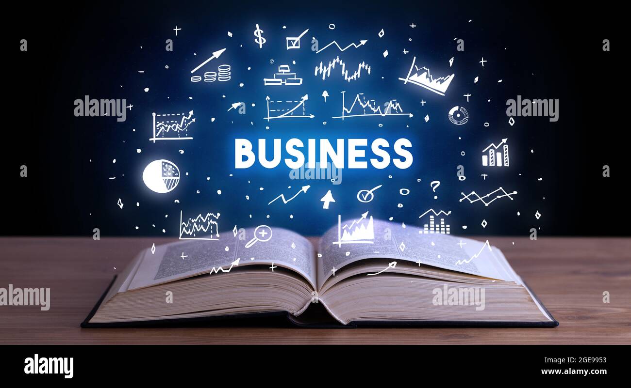 Business Book Inscriptions Examples Business inscription coming out from an open book Stock Photo - Alamy