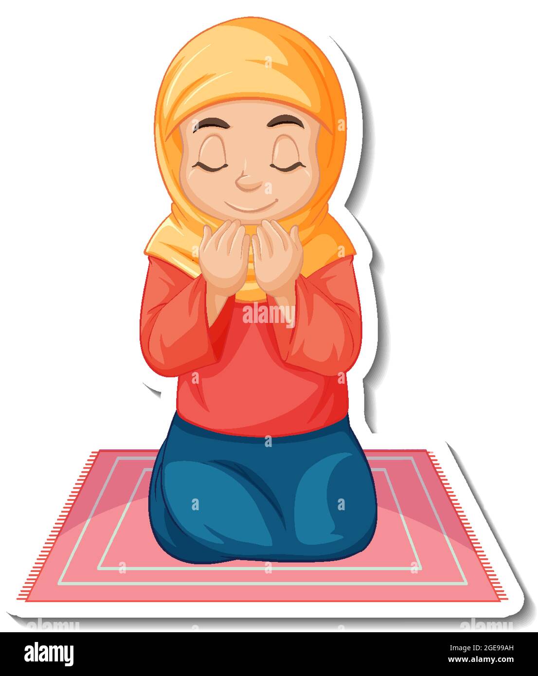 A sticker template with Muslim girl sitting on rug and praying illustration Stock Vector