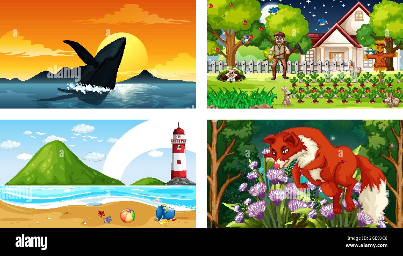 Four different nature horizontal scene  illustration Stock Vector
