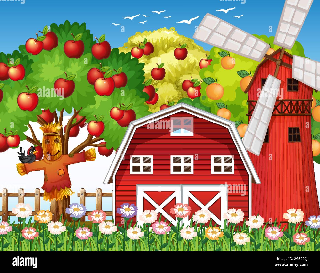 Farm scene with red barn and windmill illustration Stock Vector Image ...