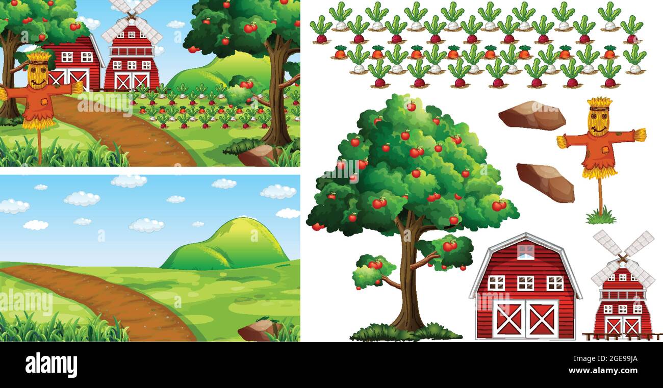 Farm element set isolated with farm scence illustration Stock Vector ...