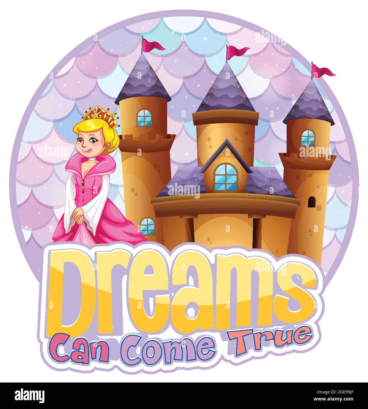 Princess and Castle with Dreams Can Come True font banner illustration