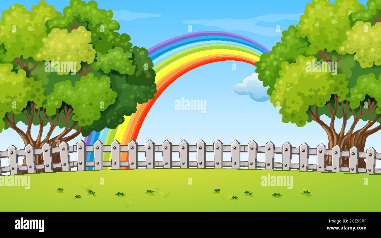 Park landscape scene with rainbow in the sky illustration Stock Vector ...
