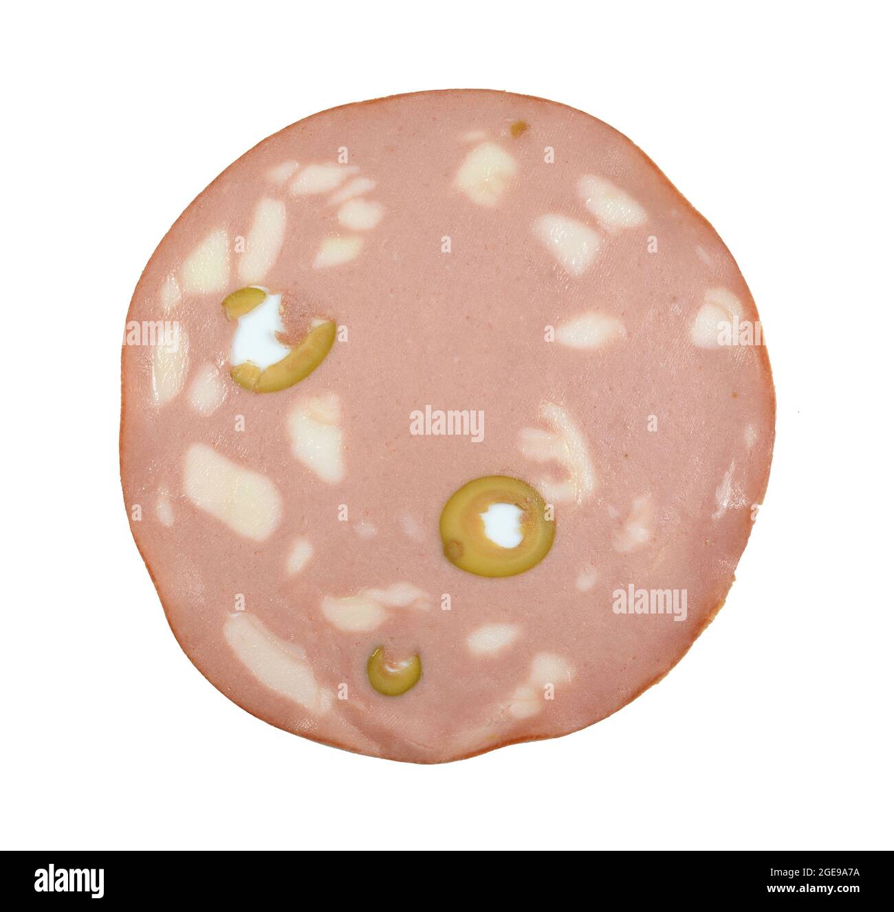 Slices of Sausage Mortadella with olives isolated on white background