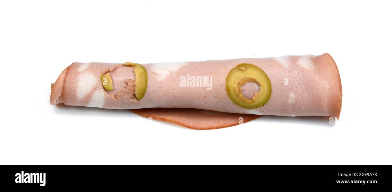 Slices of Sausage Mortadella with olives isolated on white background