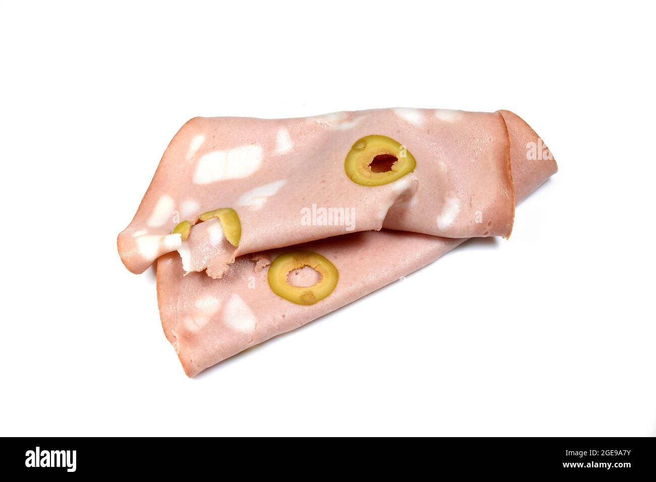 Slices of Sausage Mortadella with olives isolated on white background
