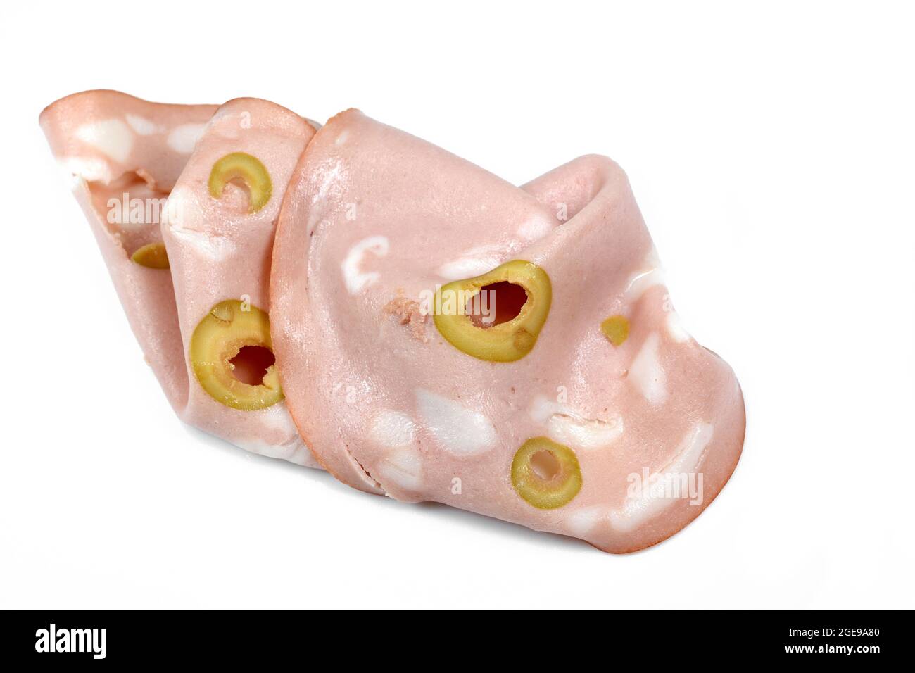 Slices of Sausage Mortadella with olives isolated on white background