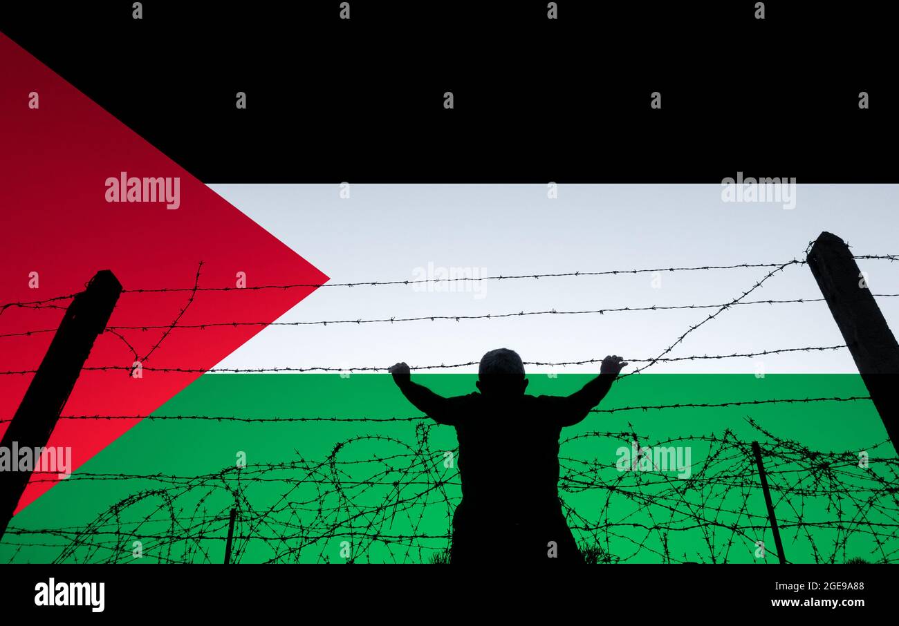Composite image of man throwing rock over barbed wire fence with flag of Palestine in background. Border control, Middle East, protest... concept. Stock Photo