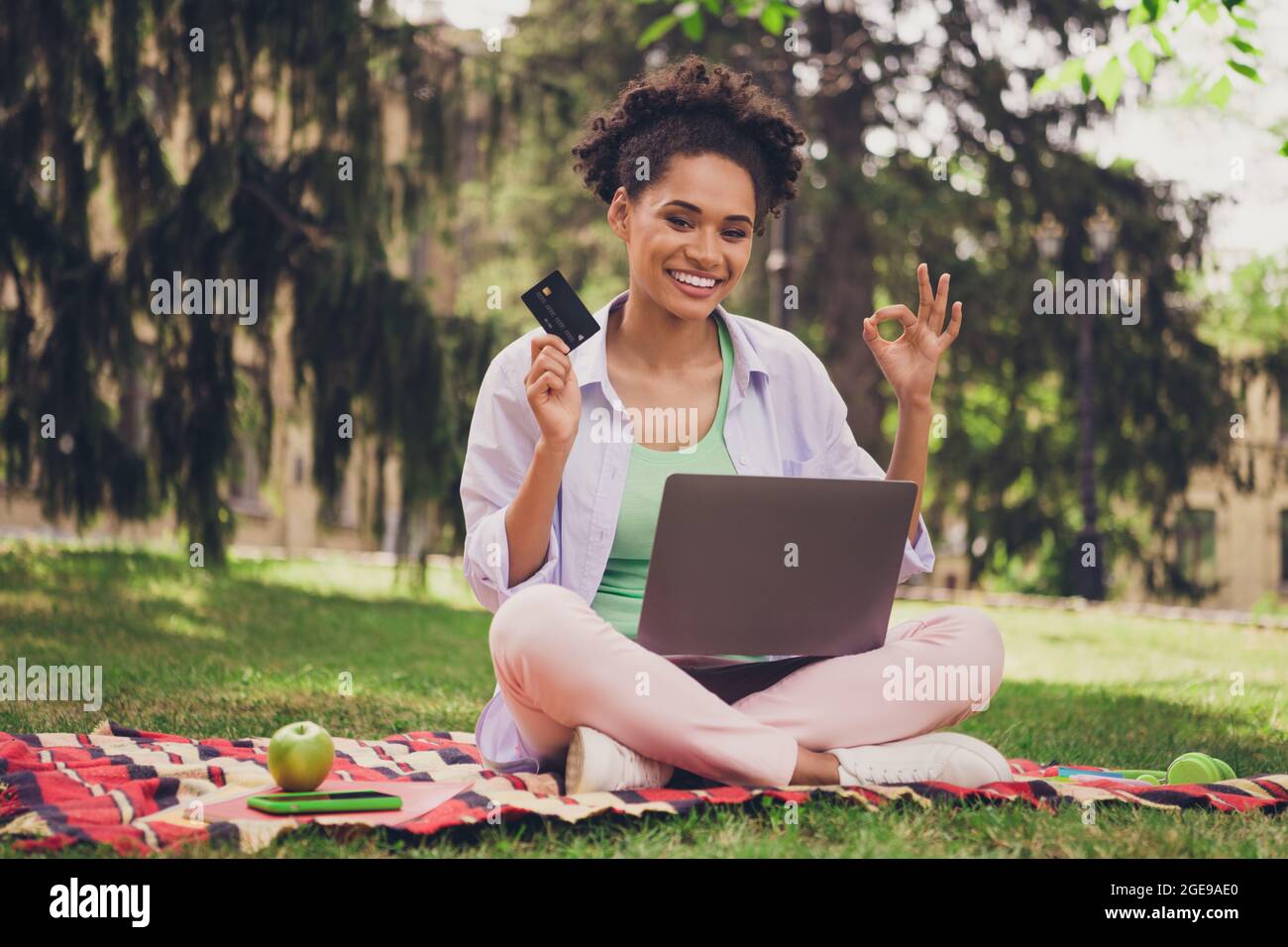 Full size photo of young black woman happy positive smile use credit ...