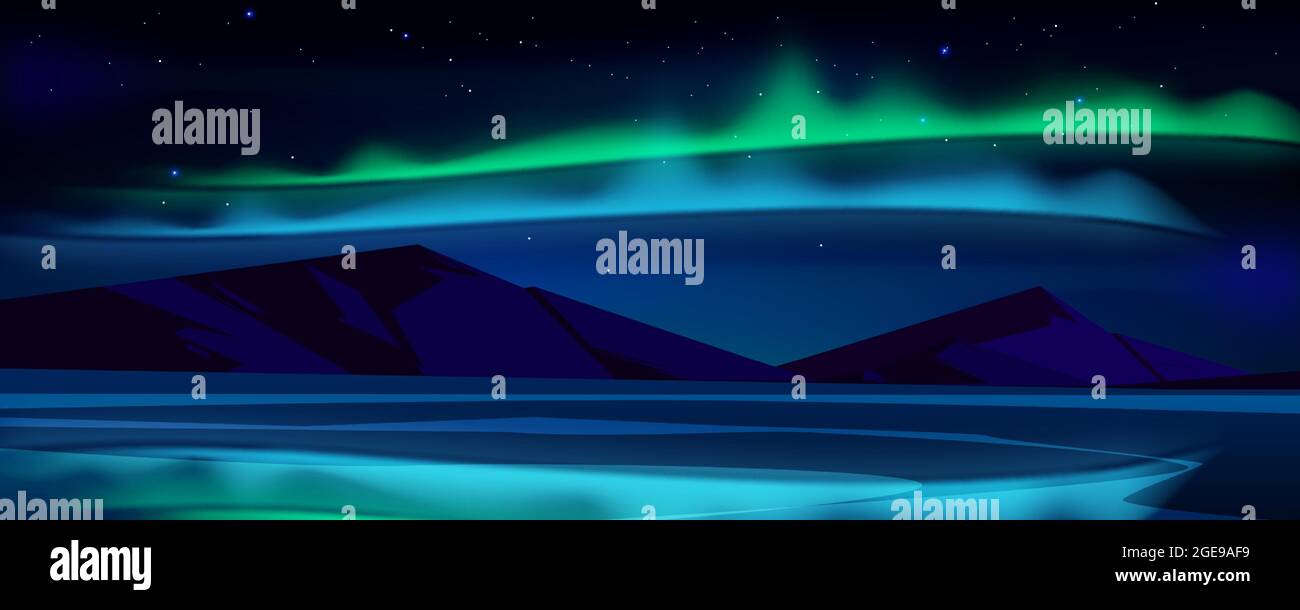 Night landscape with aurora borealis in sky Stock Vector