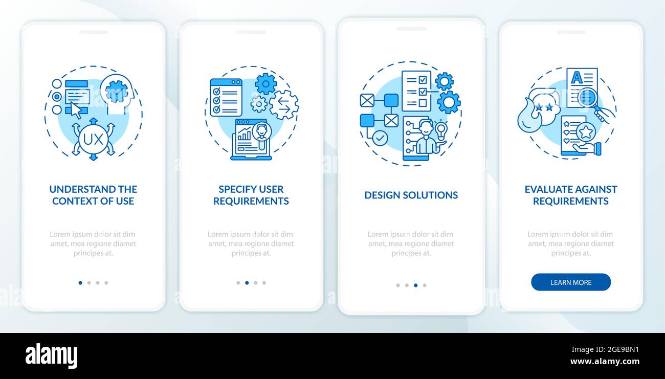 UCD process onboarding mobile app page screen Stock Vector