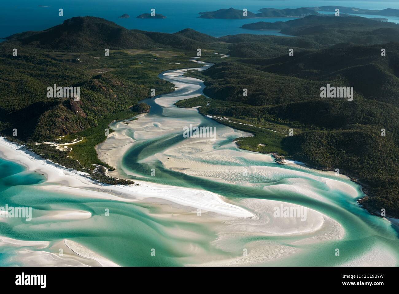 Aerial shot of Hill Inlet on Whitsunday Island. Stock Photo